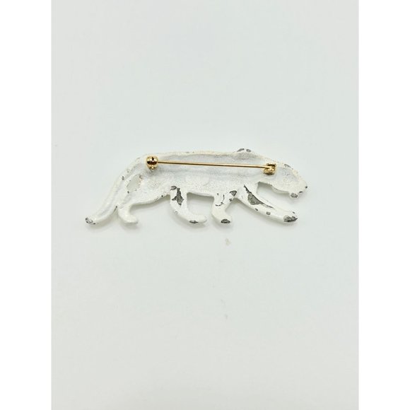 Vintage KJL Signed White Enamel Cheetah Pin Brooch Black Rhinestones Wild Cat - Picture 5 of 10